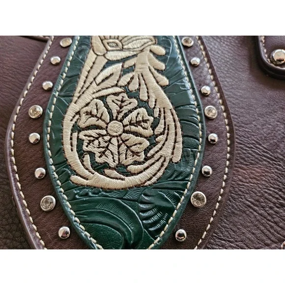 Montana West Buckle Shoulder Tote Purse Concealed Carry Rhinestones Brown Green - Picture 6 of 12